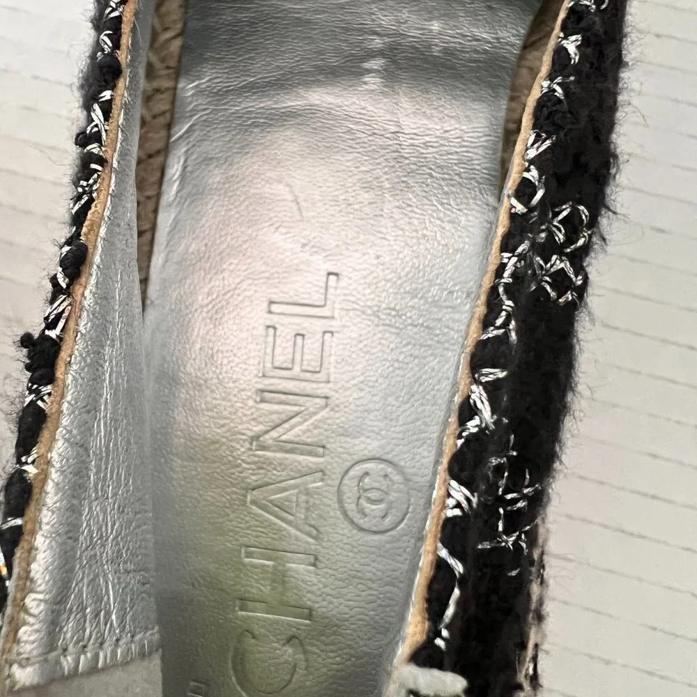Chanel 35 stitch black silver tip canvas CC espadrilles size 38